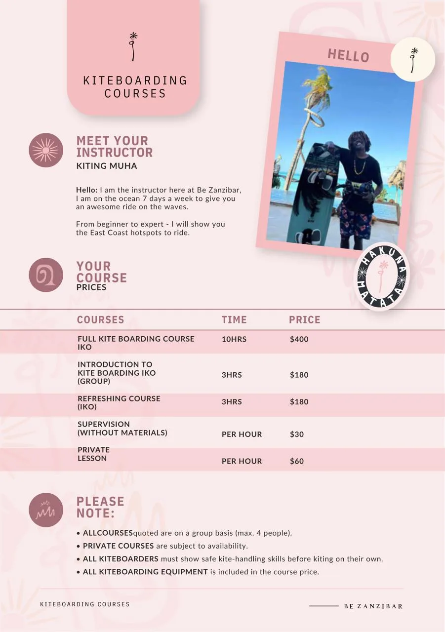 Kiteboarding courses flyer with instructor Kiting Muha