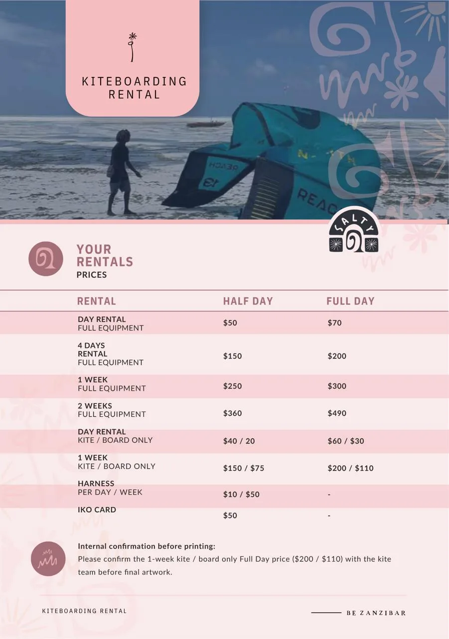 Kiteboarding rental prices at Be Zanzibar